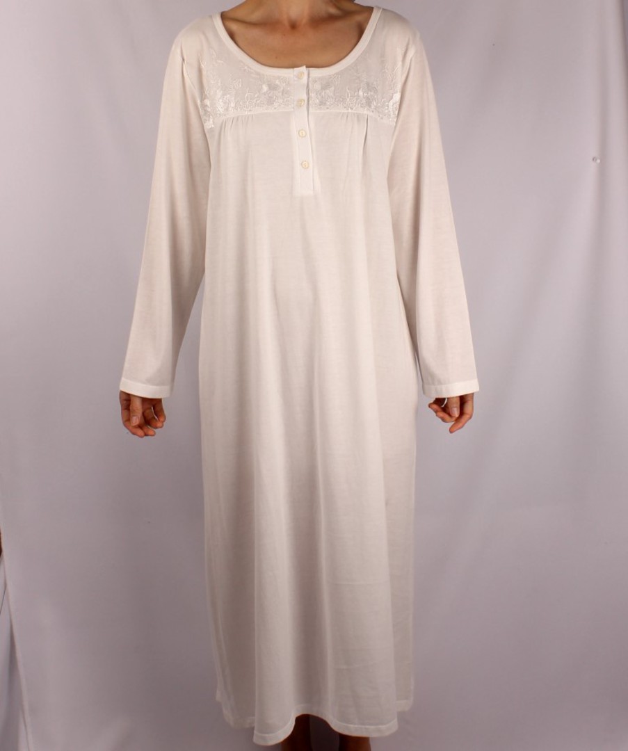 Cotton knit nightie w long sleeves and  embroidered flowers ivory Style:AL/ND-280 image 0